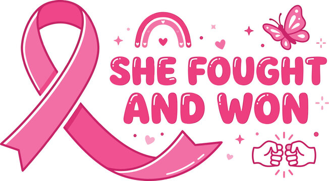 Breast cancer awareness halloween design pink ribbon with 'she fought and won' message for october campaigns