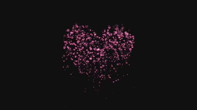 abstract pink heart silhouette forming from floating star flower and music particles on black background for valentine day wedding romance and love motion graphics
