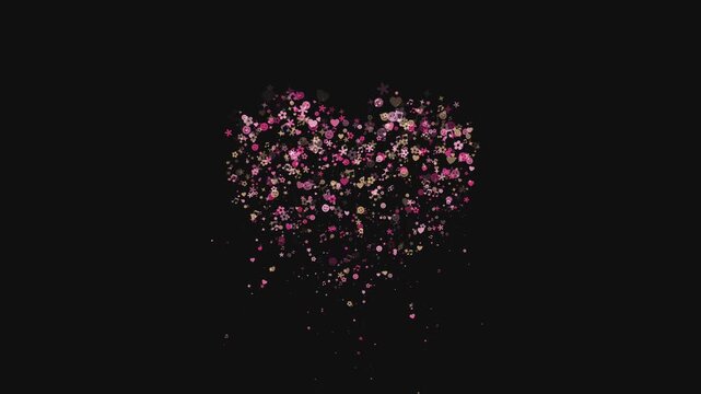 abstract pink and gold heart silhouette forming from floating star flower and music particles on black background for valentine day wedding romance and love motion graphics