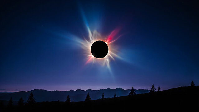 Solar eclipse with sun corona shining around black moon in dark blue sky with mountains and trees silhouette