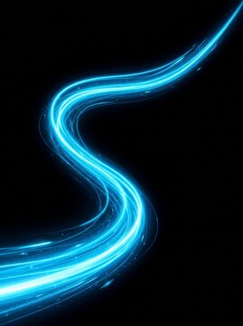 Curved dynamic neon blue glowing light streaks forming an S shape wave with sparkling particles on a deep black background, futuristic abstract light trail