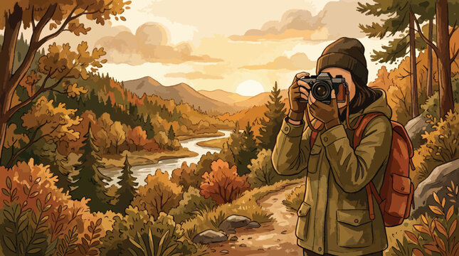 Outdoor photographer in beanie and jacket holding camera