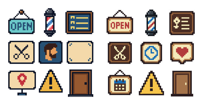 Barber shop icons with scissors sign pole pixel retro