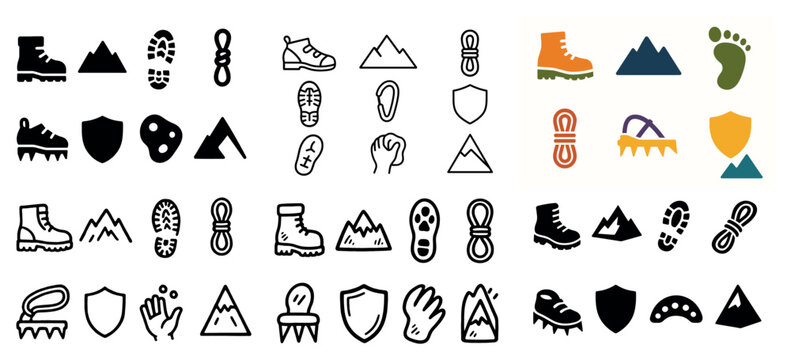 Hiking icons with boot mountain footprint rugged outline