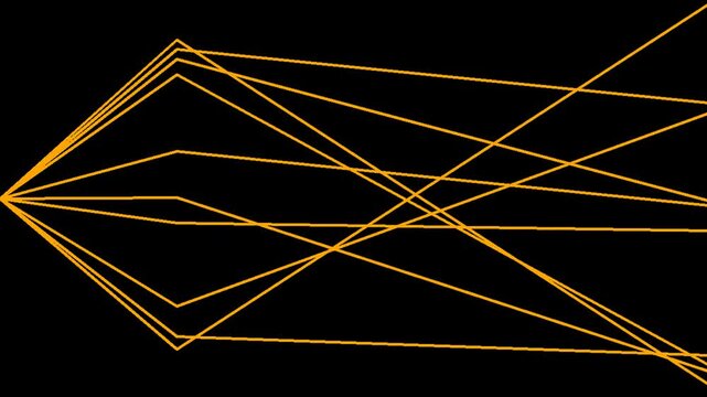 Abstract orange lines diverging and converging against a black background, representing data flow or network connections.
