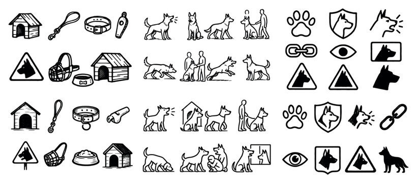 Pet icons with dog house leash minimal