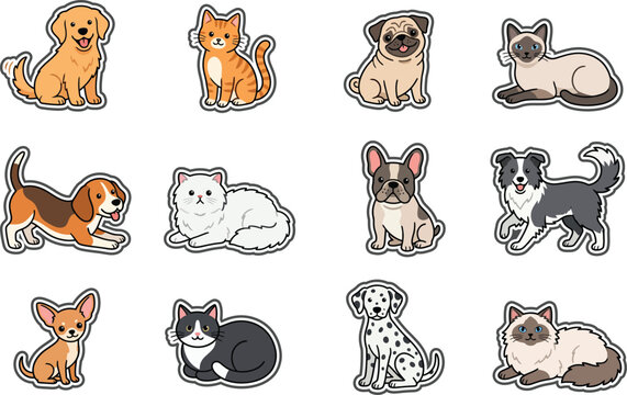 Assorted cute dog and cat breed stickers with illustration collection domestic character friendly purebred colorful creative