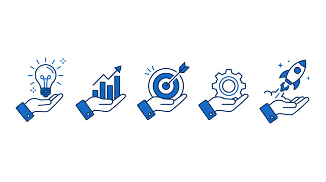 business growth strategy hand gesture icons line style startup success vector set on transparent background
