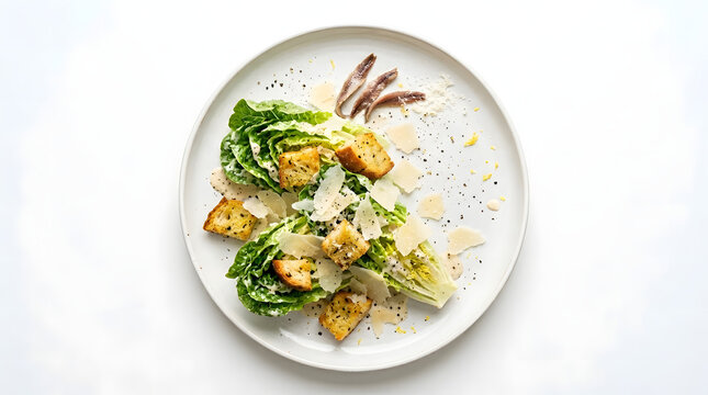 Delicious caesar salad with croutons and parmesan cheese on white plate transparent background