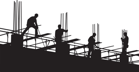 Fototapeta premium Silhouettes of construction workers on scaffolding working on a building site with steel reinforcement bars