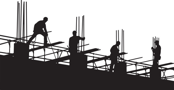 Silhouettes of construction workers on scaffolding working on a building site with steel reinforcement bars