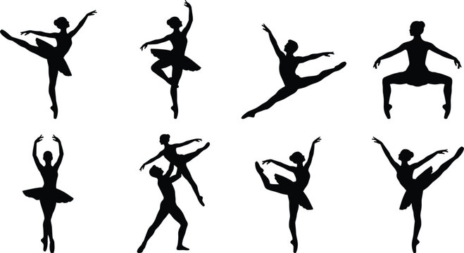 Graceful ballet dancers silhouettes set featuring professional male and female ballerinas in classic dance poses and jumps.