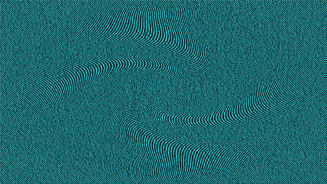 Abstract teal and black wavy halftone pattern background, dynamic distorted grid texture, modern geometric design element with flowing lines and moire effect
