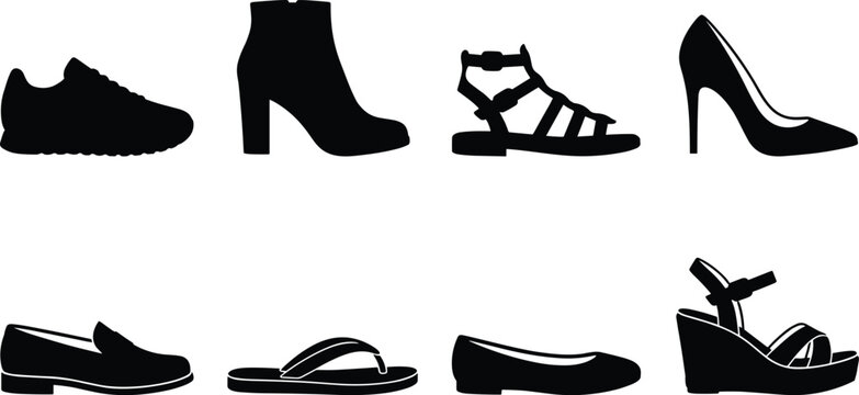 Footwear and shoes silhouette icon set featuring sneaker high heel boot sandal loafer flip flop ballet flat and wedge vector illustrations