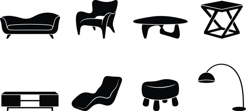 Modern living room furniture silhouette icon set featuring sofa armchair coffee table side table TV console floor lamp and ottoman vectors