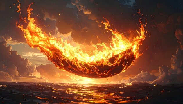 Dramatic fiery orb floating above ocean, surrounded by clouds at sunset