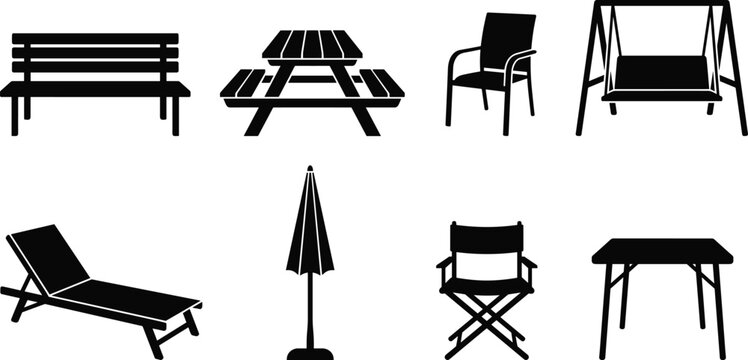 Outdoor and garden furniture silhouette icon set featuring park bench picnic table patio chairs swing lounge and umbrella vectors
