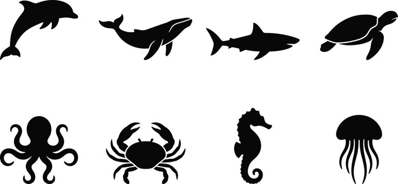 Sea creatures and marine life silhouette vector icon set featuring dolphin whale shark turtle octopus crab seahorse and jellyfish