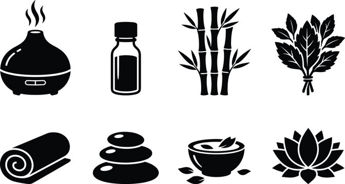 Spa and wellness silhouette icon set featuring aroma diffuser essential oil bamboo bath broom hot stones and lotus flower vectors