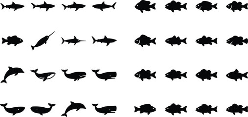 Sea Creatures Black Silhouette Vector Set Featuring Shark, Dolphin, Whale, Narwhal, and Various Fish Icons for Marine Life Patterns and Ocean Graphics, (23 words) © shakil