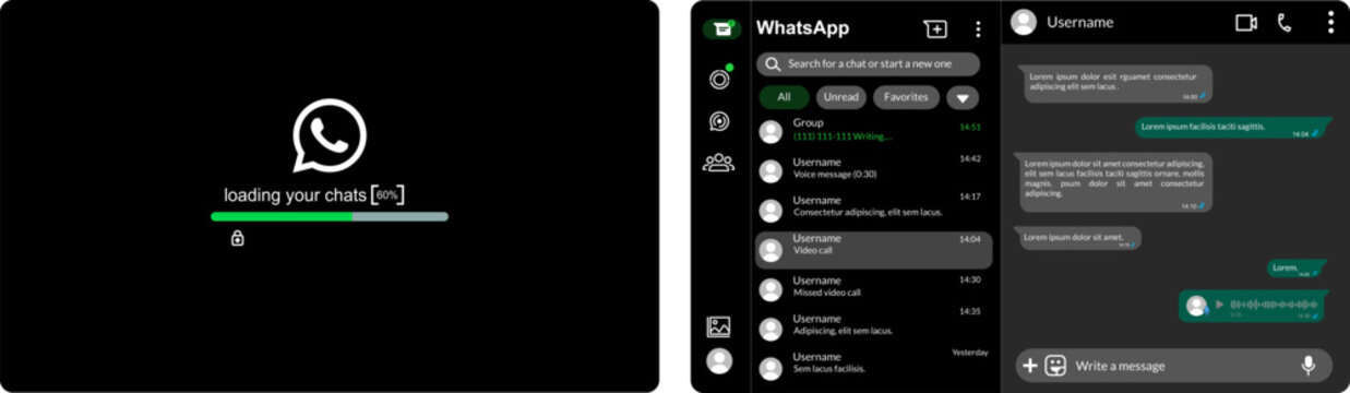 Essential chat interface of the WhatsApp mobile app, dark mode design for the messaging platform, and sleek UI components for secure digital communication