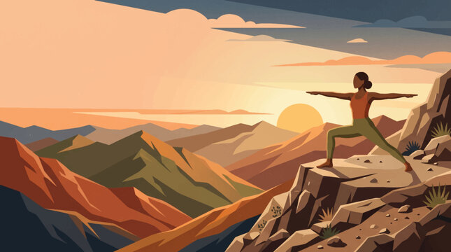 Woman in yoga warrior pose on mountain cliff with beautiful sunset landscape