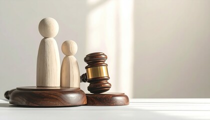 Wooden figures represent family under gavel, symbolizing legal decisions