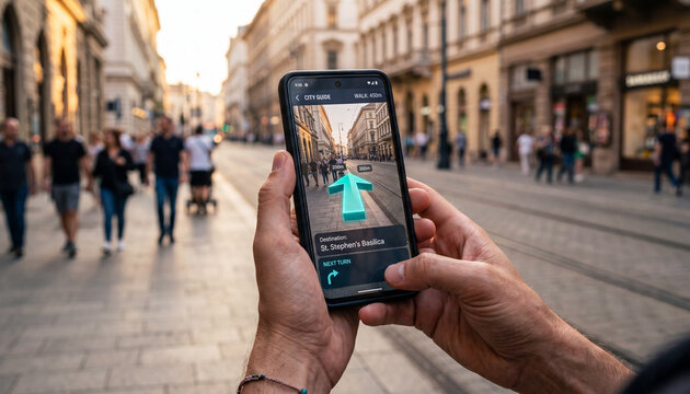 Augmented reality navigation realistic photo with smartphone GPS map for urban travel directions
