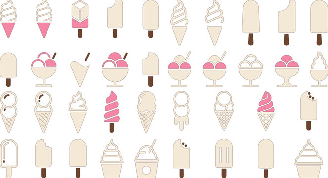 Collection of various ice cream and frozen treat icons on white background