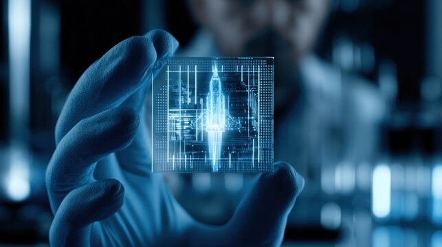 Scientist holding glowing microchip in laboratory