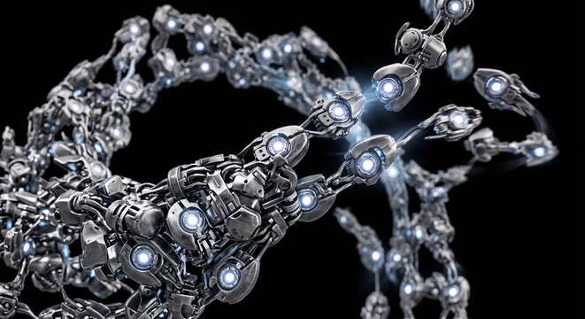 artificial intelligence, futuristic, network, robotic, sci-fi, nanotech, glowing, 3D render, mechanical, metallic