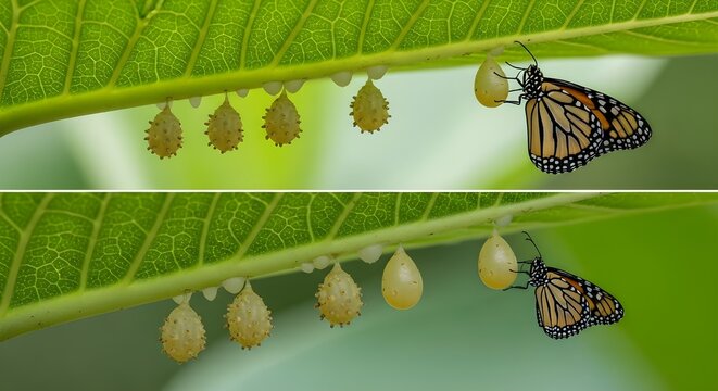 Monarch Butterfly Laying Eggs on Milkweed Leaf - Life Cycle Macro Close-up