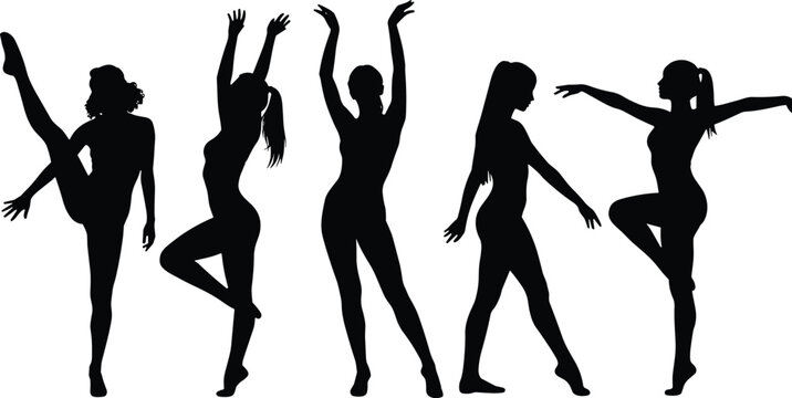 Black silhouette collection of five women dancing gracefully in various poses representing elegance, movement, and artistic expression in minimal vector design