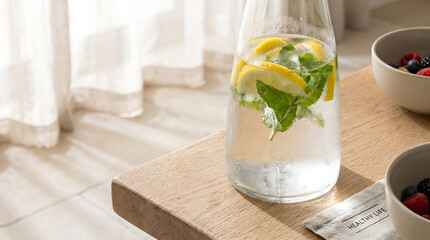 Fototapeta premium Glass carafe of refreshing detox water infused with lemon and mint on a wooden table