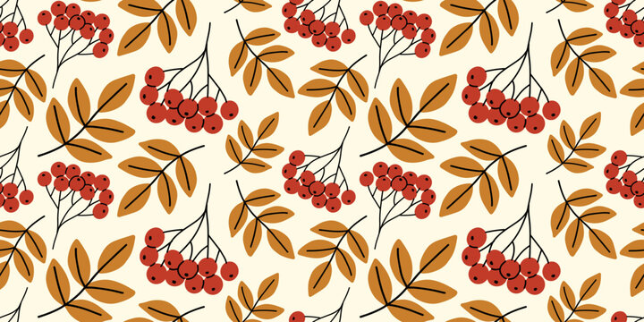 Minimalist fall pattern featuring red rowanberry bunches and yellow ash foliage on bright cream backdrop. Ideal for seasonal wrapping paper, Thanksgiving textiles and autumn wallpapers.