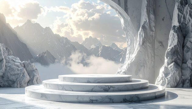Elegant white marble stage with mountain backdrop, cloud-filled sky, and ethereal light