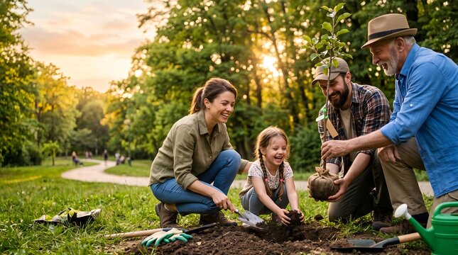 Multi-generational family planting a young tree in a sunny park at sunset