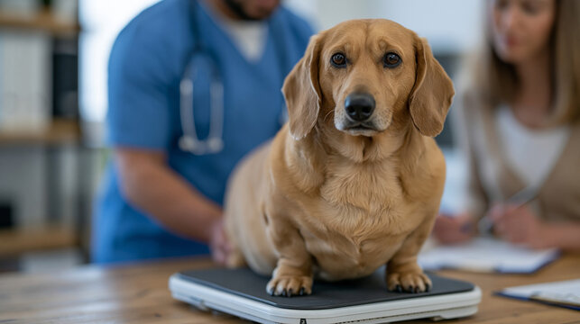 Veterinary nutritionist reviews body condition score chart beside overweight dachshund standing on clinic scale as concerned owner takes notes on weight management meal plan