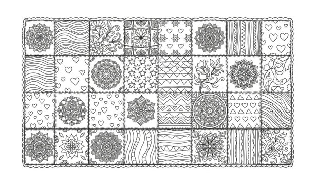 Quilt Blanket Doodle Adult Coloring Book Vector Background