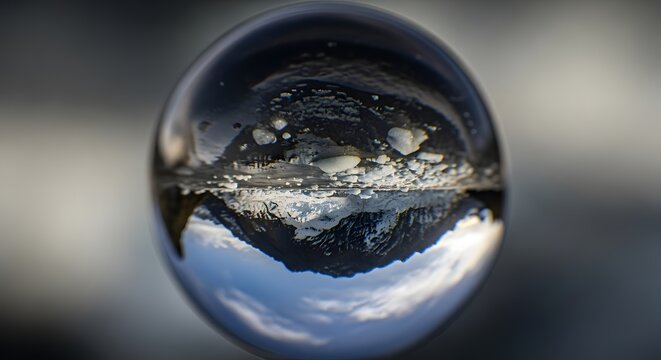 Close-up of a crystal ball reflecting an inverted landscape of a melting glacier with icebergs floating in dark water under a cloudy blue sky in a polar environment.