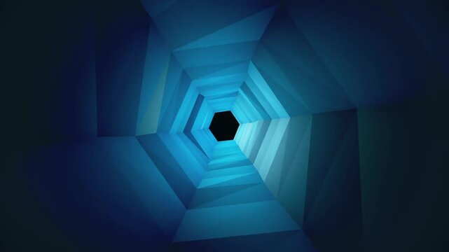 Abstract Blue Hexagonal Tunnel Loop, Futuristic Geometric Low Poly Corridor Motion Graphic Background