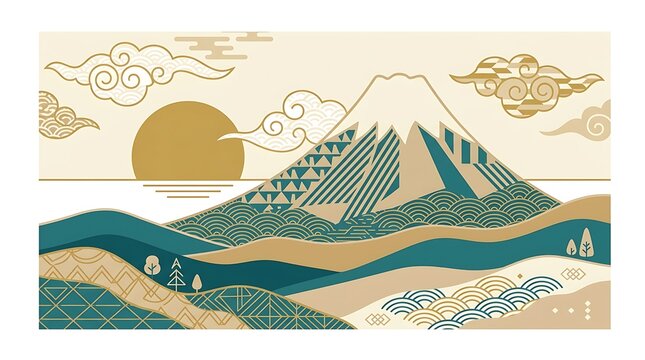 Illustrated mountain landscape with golden decorative elements