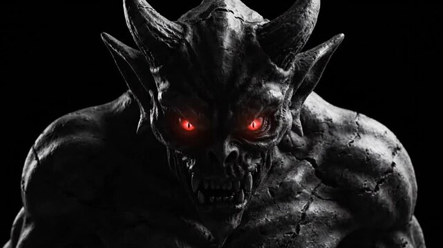 Horned Demon Creature With Glowing Red Eyes in Darkness
