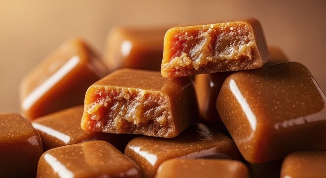 A tempting macro photograph capturing a casual pile of rich, glossy brown butter toffee candies, highlighting the sweet, sugary texture, brown, macro, butterscotch