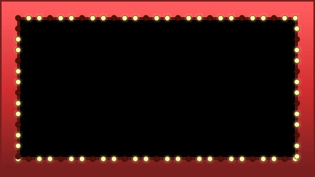 Red vintage marquee frame with flashing yellow light bulbs around black copy space for cinema or theater announcements