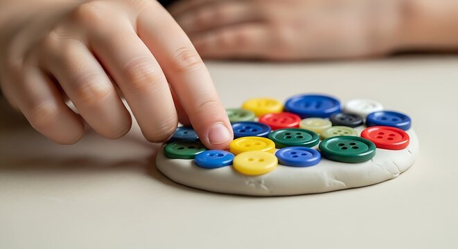 Small child playing with colorful plastic buttons pressed into clay