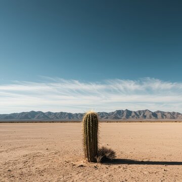 Extreme isolation depicted by a rugged cactus surviving alone in a massive, desolate wilderness bathed in intense sunlight against a cloudless sky, solitary, contrast, outdoor