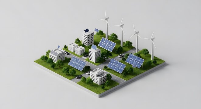 Isometric 3D model of a sustainable eco-friendly miniature city featuring solar panels on rooftops, wind turbines, electric cars on roads, and green spaces on a white background.