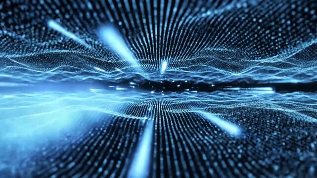 Blue abstract digital particle wave with glowing light streaks