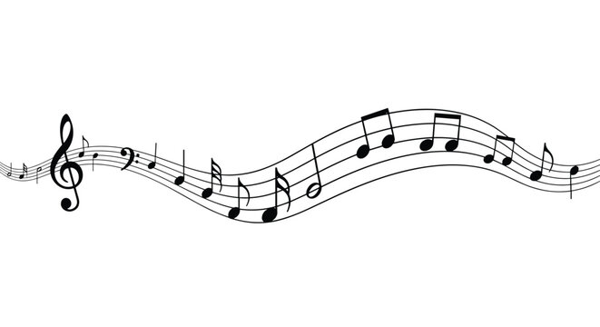 Musical notes and symbols flowing across a curved staff line represent melody and harmony for creative arts, music education, and design.